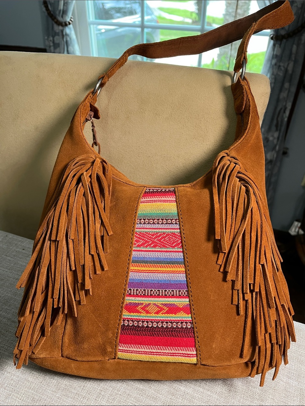 Minnetonka Cognac Suede Fringe Shoulder Bag with Multicolor Woven Panel